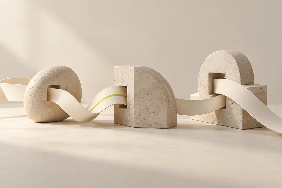 An ivory ribbon passing through three distinct stone forms.