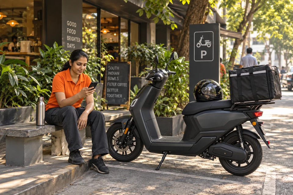 A Captain in an unbranded orange polo taking a break beside a parked electric delivery scooter.