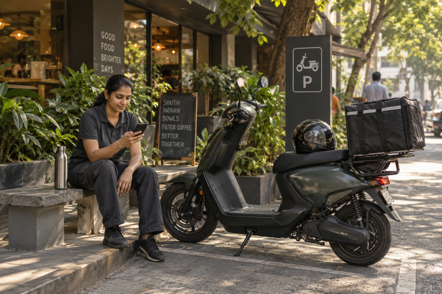 A delivery Captain seated outside a restaurant reviewing a phone beside a parked scooter with a delivery bag.