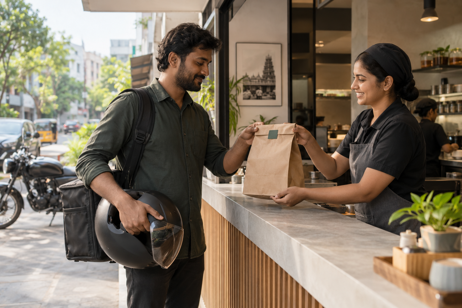 A restaurant colleague handing a packed meal to a delivery Captain at a collection counter.