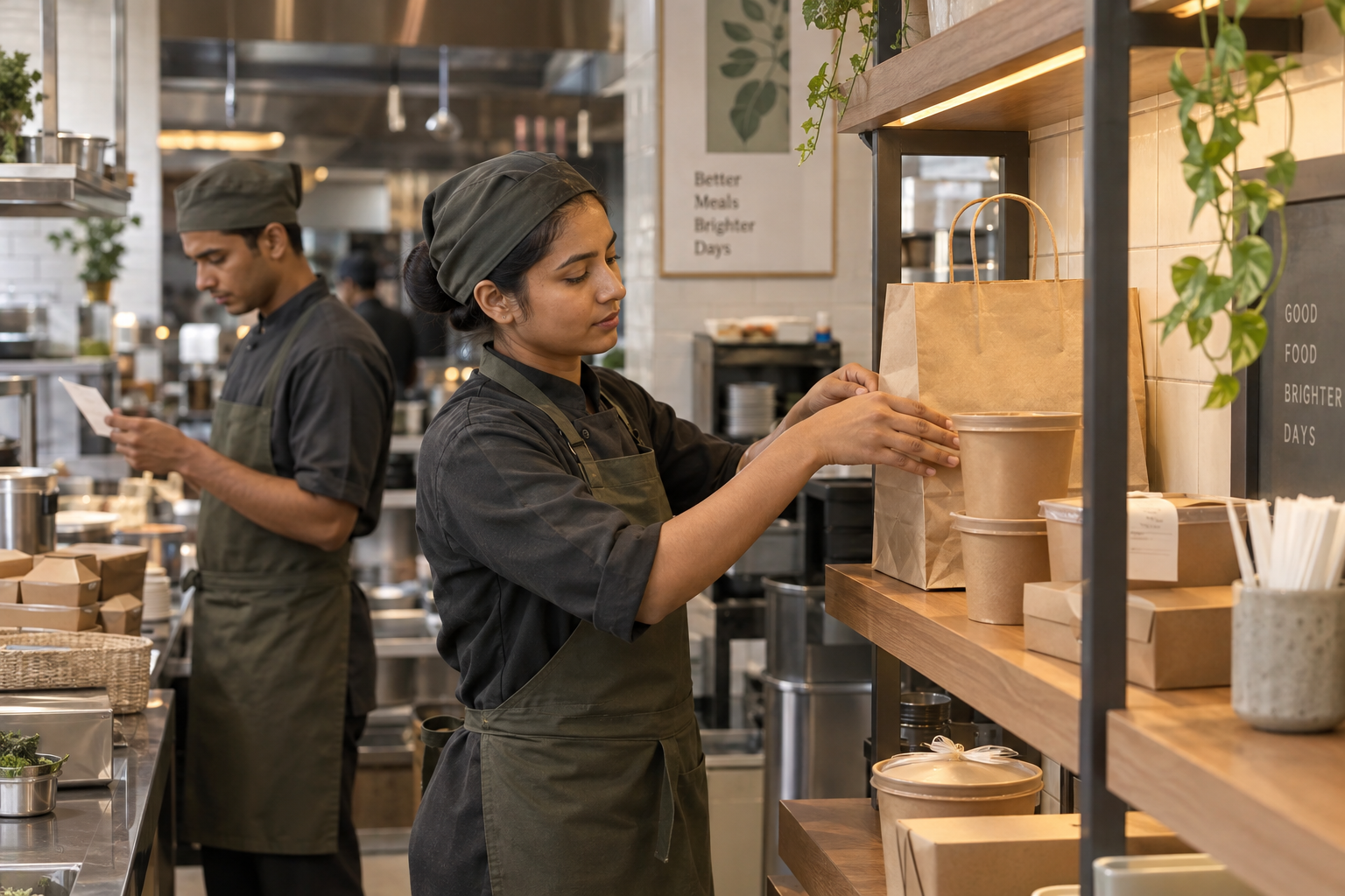 Restaurant colleagues checking and packing meal orders at a preparation counter.