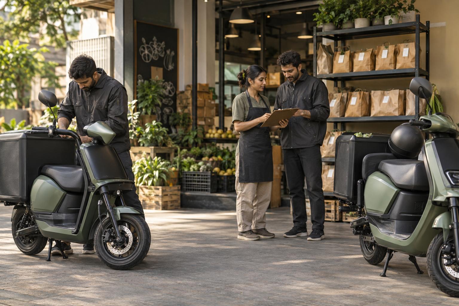 A Captain checking a parked scooter while two colleagues review a clipboard outside a neighbourhood store.