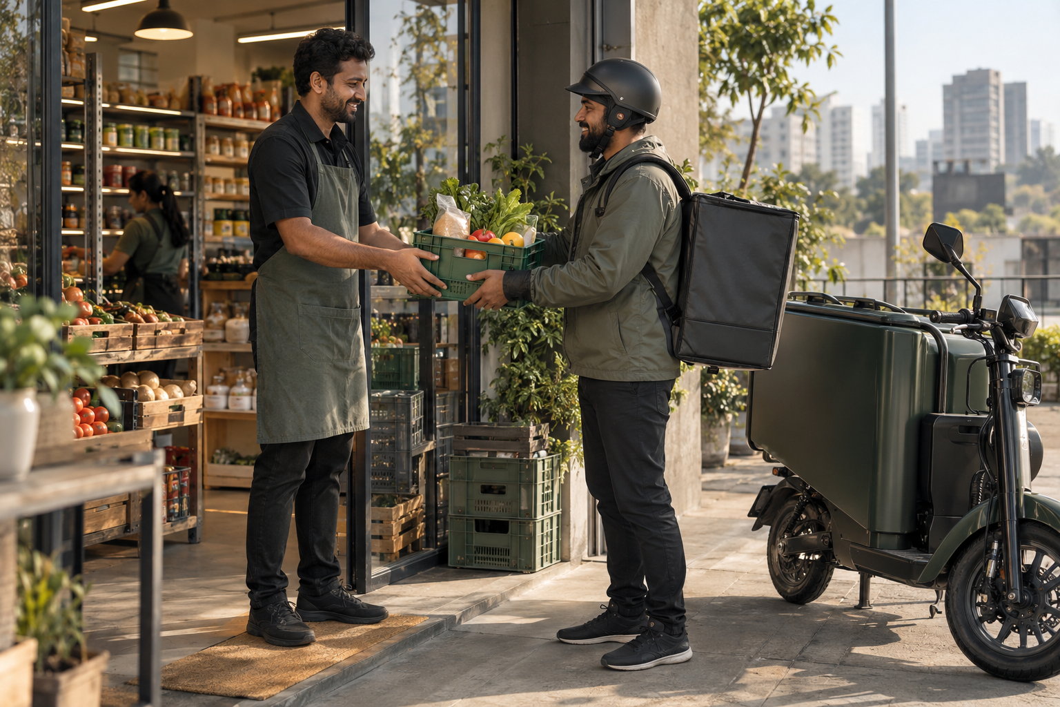A Captain receiving a crate of groceries at a neighbourhood store beside a parked delivery two-wheeler.