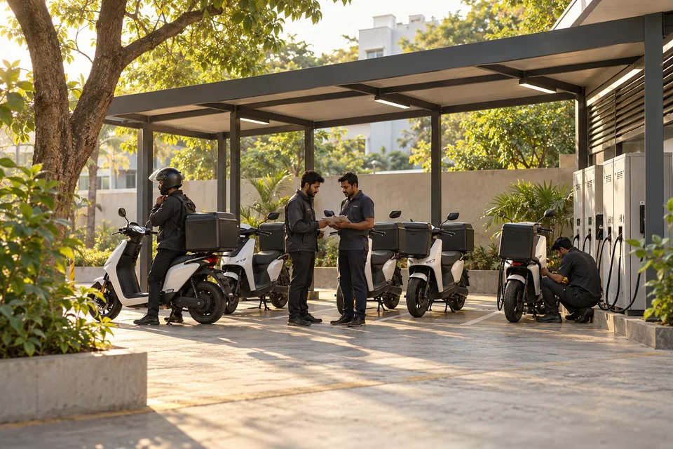 Editorial illustration: Riders and electric scooters at a sheltered neighbourhood mobility hub.