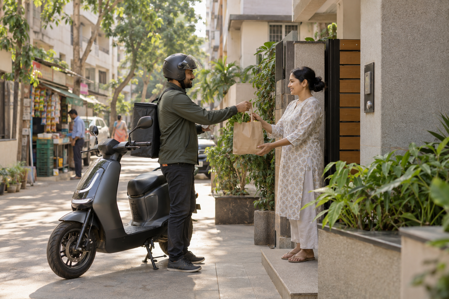 A delivery Captain handing a grocery bag to a customer at a neighbourhood doorstep, with a scooter parked nearby.