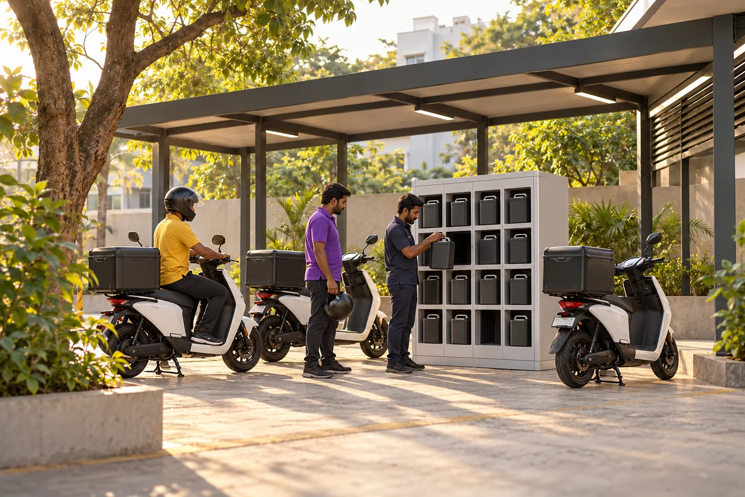 Captains and a technician preparing electric delivery scooters beside a battery-swapping cabinet at a local support hub.
