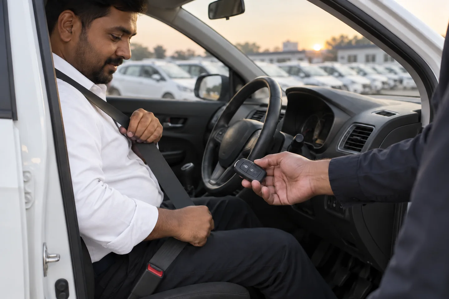 A Captain fastening his seatbelt as a colleague hands over the car keys.