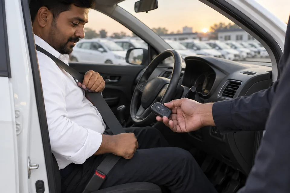 A Captain fastening his seatbelt as a colleague hands over the car keys.