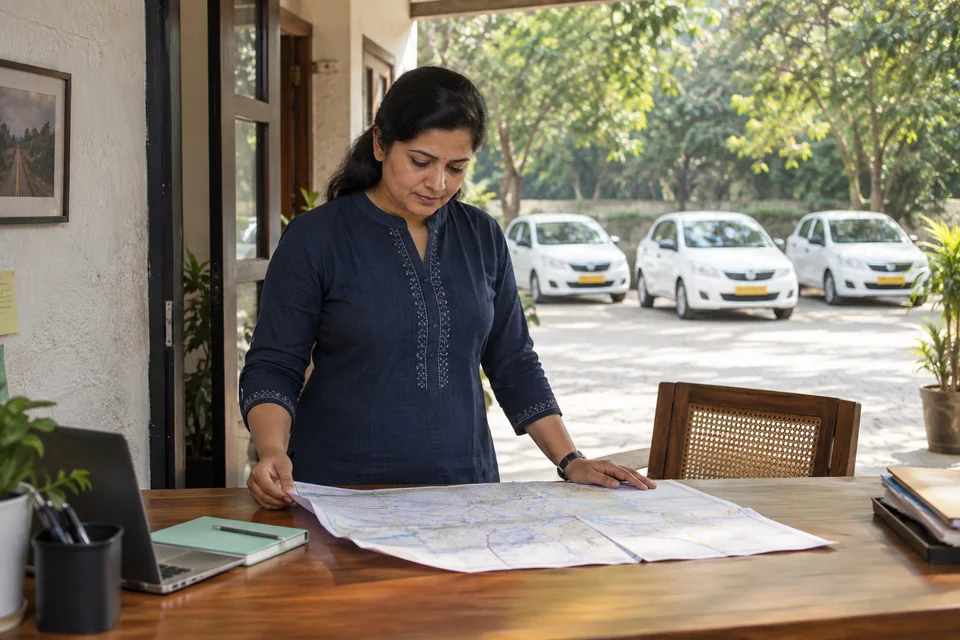 A fleet business owner reviewing a map at a desk overlooking a cab yard.