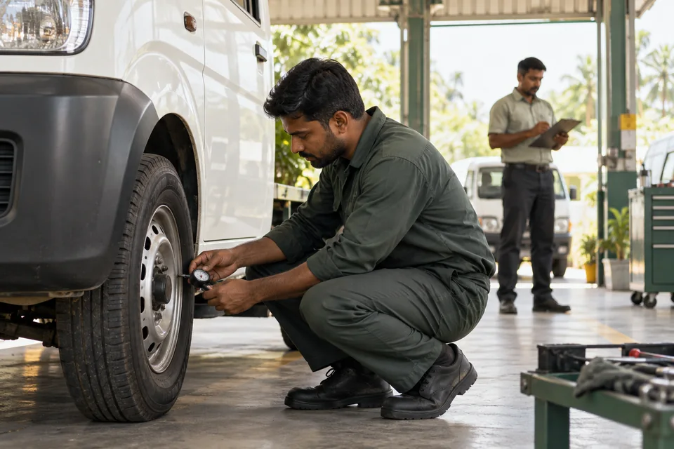 A technician checking a cab tyre while a coordinator reviews a clipboard nearby.