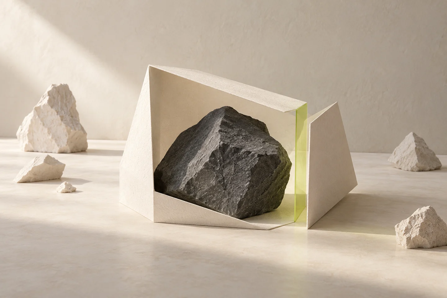 Editorial illustration: Abstract charcoal stone enclosed by a folded ivory frame with a narrow lime plane.