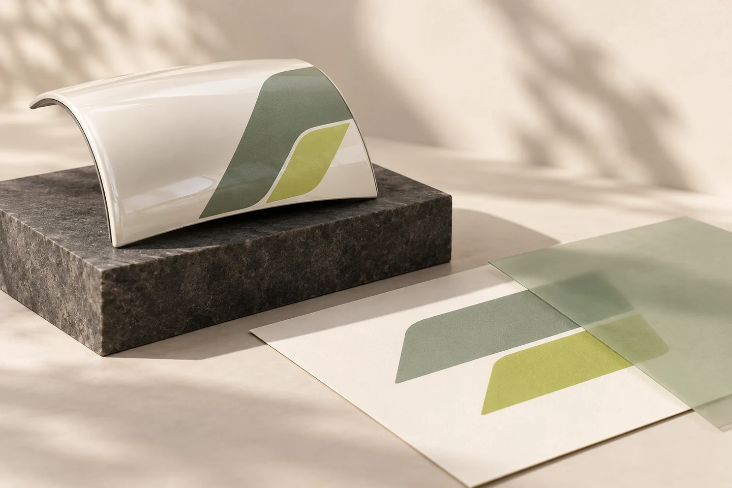 Editorial illustration: Conceptual still life of a curved vehicle-body sample and a paper proof carrying matching sage and lime swatches.