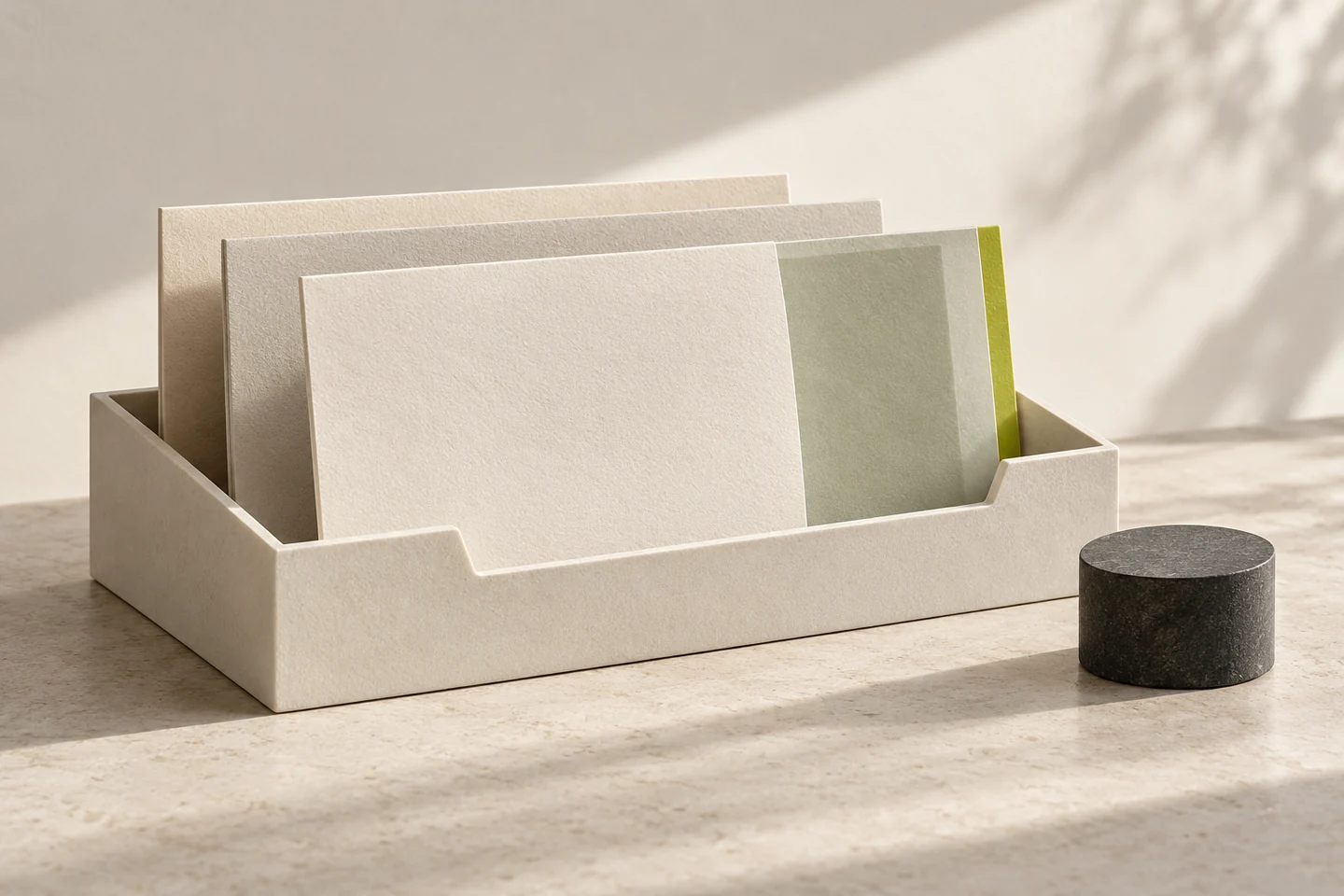 Editorial illustration: Conceptual still life of unmarked ivory record sleeves in an archive tray beside a charcoal paperweight.