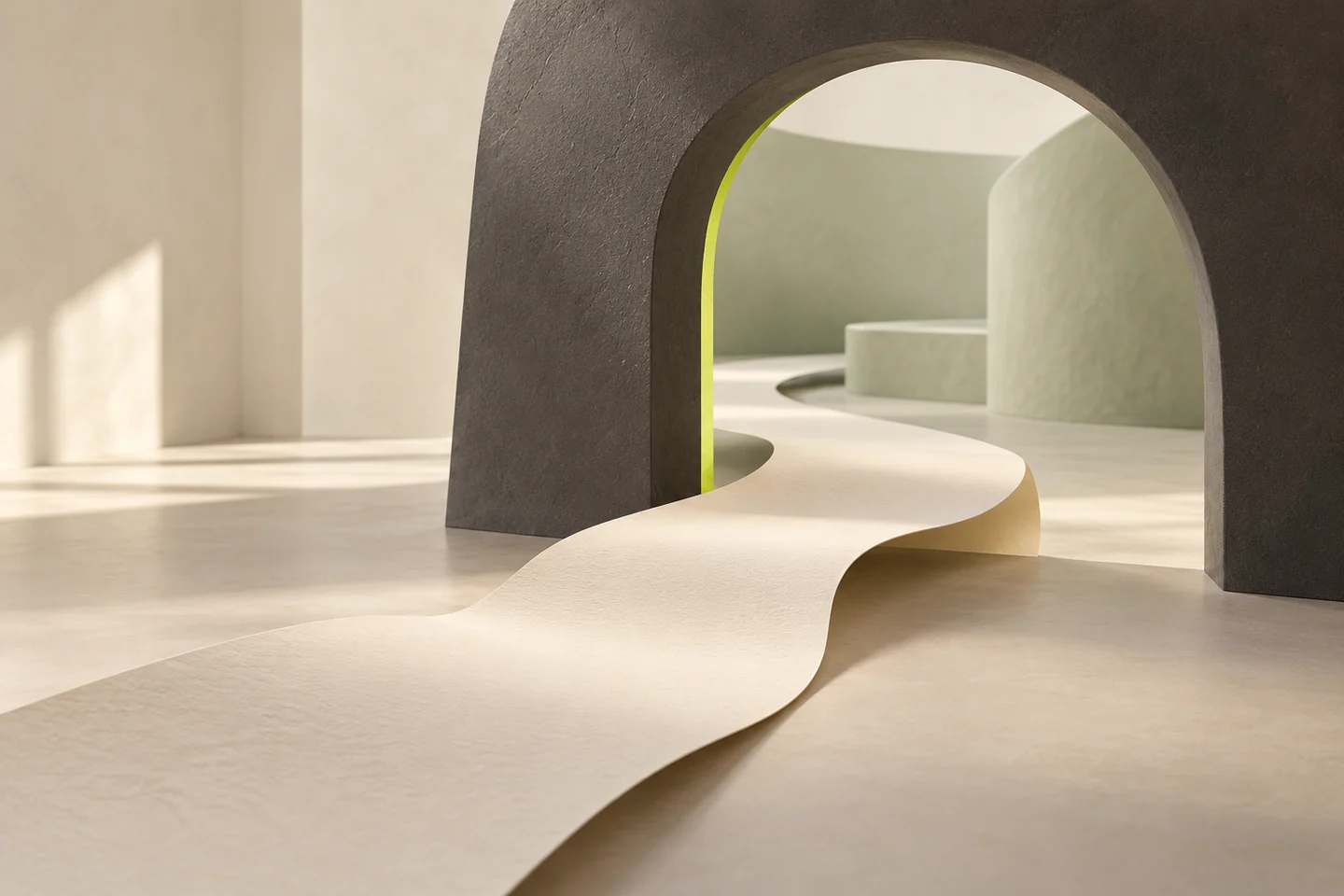 Editorial illustration: An abstract ivory path curves through a charcoal arch towards a pale sage space.