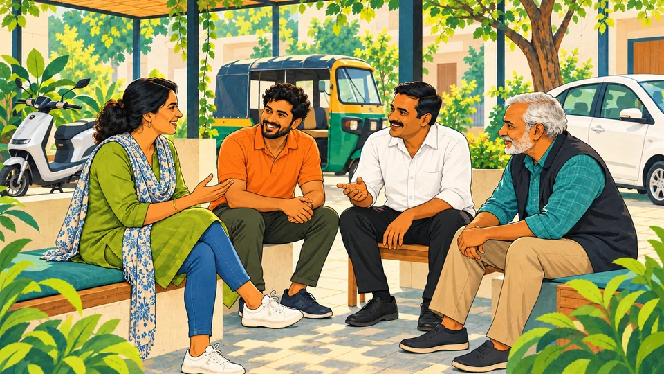 Illustration of four Captains talking together beside a parked two-wheeler, auto-rickshaw and car.