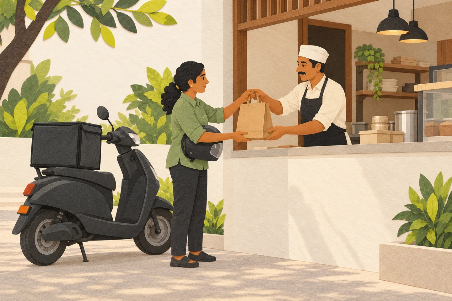 Cut-paper illustration of a restaurant worker handing a meal package to a delivery rider beside a parked scooter.