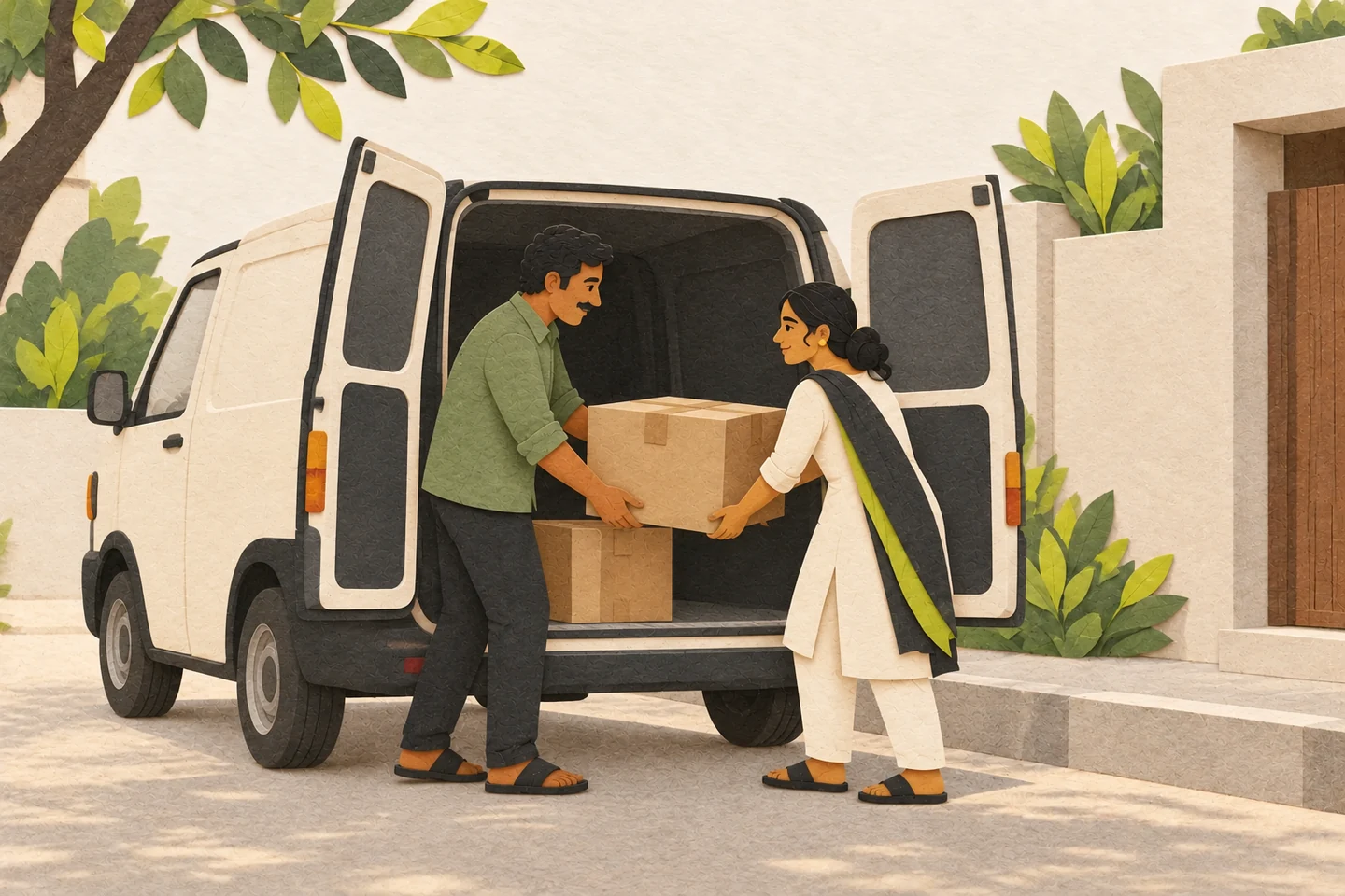 Cut-paper illustration of two people handing a parcel between an open goods van and a local destination.