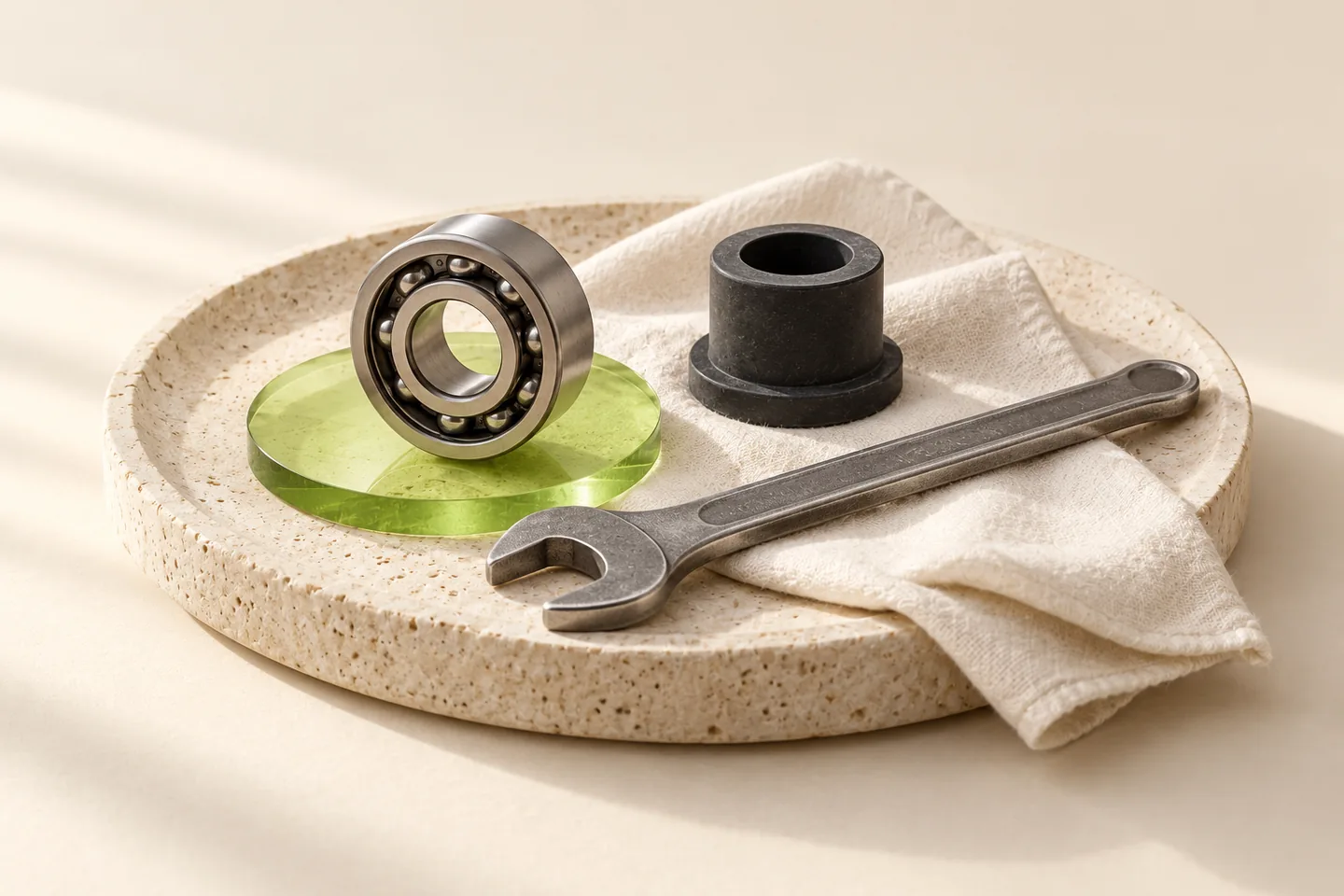 Editorial illustration: Conceptual still life of a bearing, metal component and spanner on a linen-covered stone inspection surface.