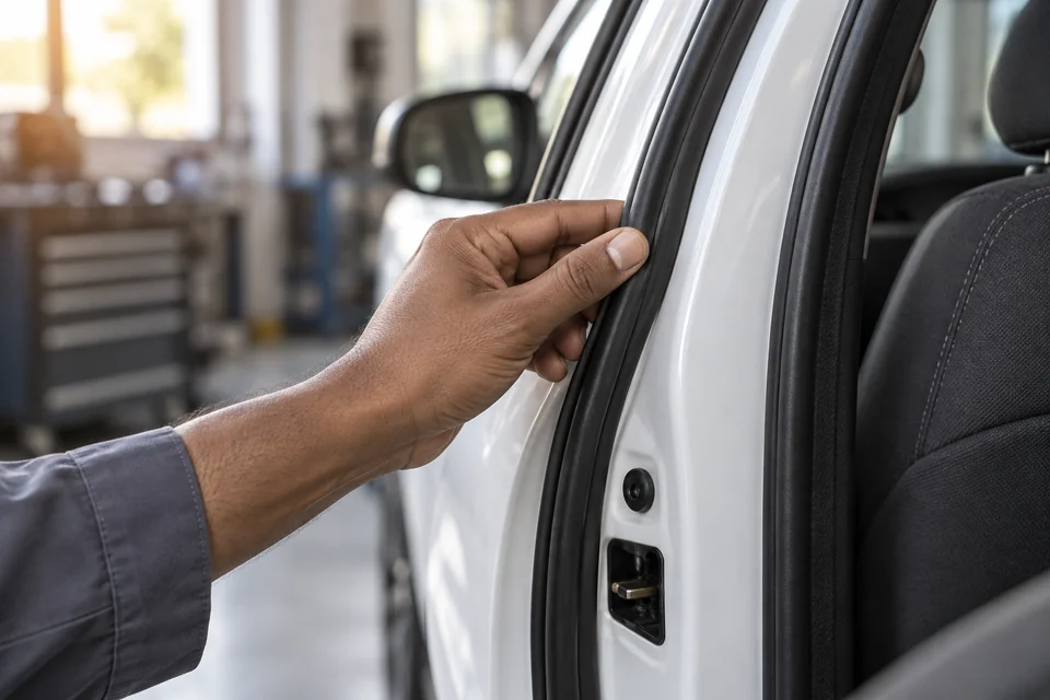 A hand inspecting a car’s door seal and painted finish in a clean vehicle-care setting.