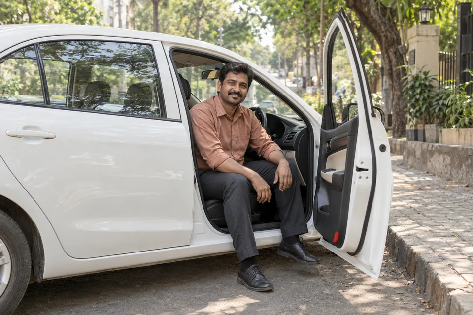 A Captain seated comfortably in the open doorway of his parked white cab on a leafy city street.