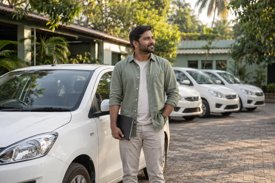 A fleet operator with a tablet beside a line of white cabs.