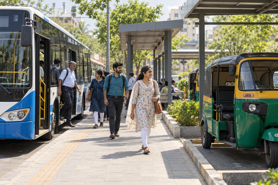 Commuters walking between a parked city bus and an auto-rickshaw pickup bay.