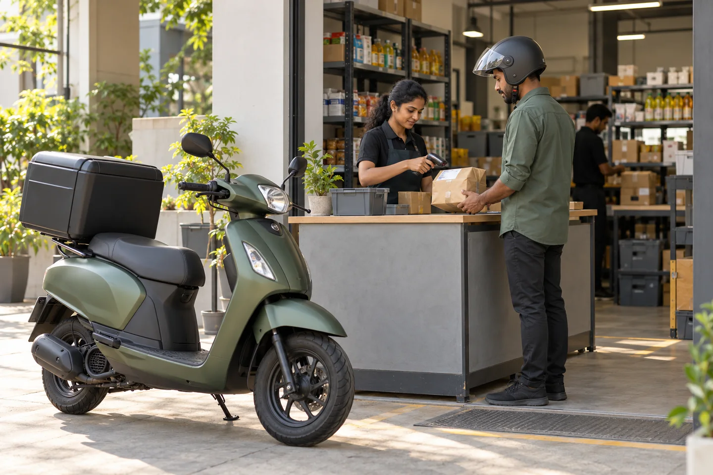Editorial illustration: A worker and helmeted rider checking a parcel at a neighbourhood store counter beside a parked scooter.