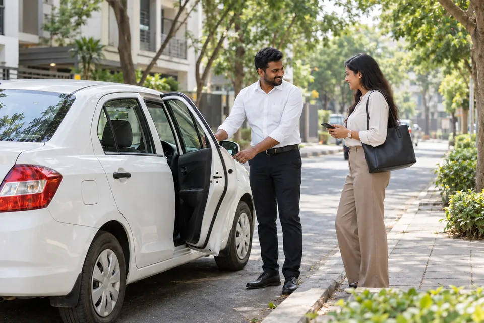A Captain and passenger confirming a pickup beside a white cab on a leafy city street.
