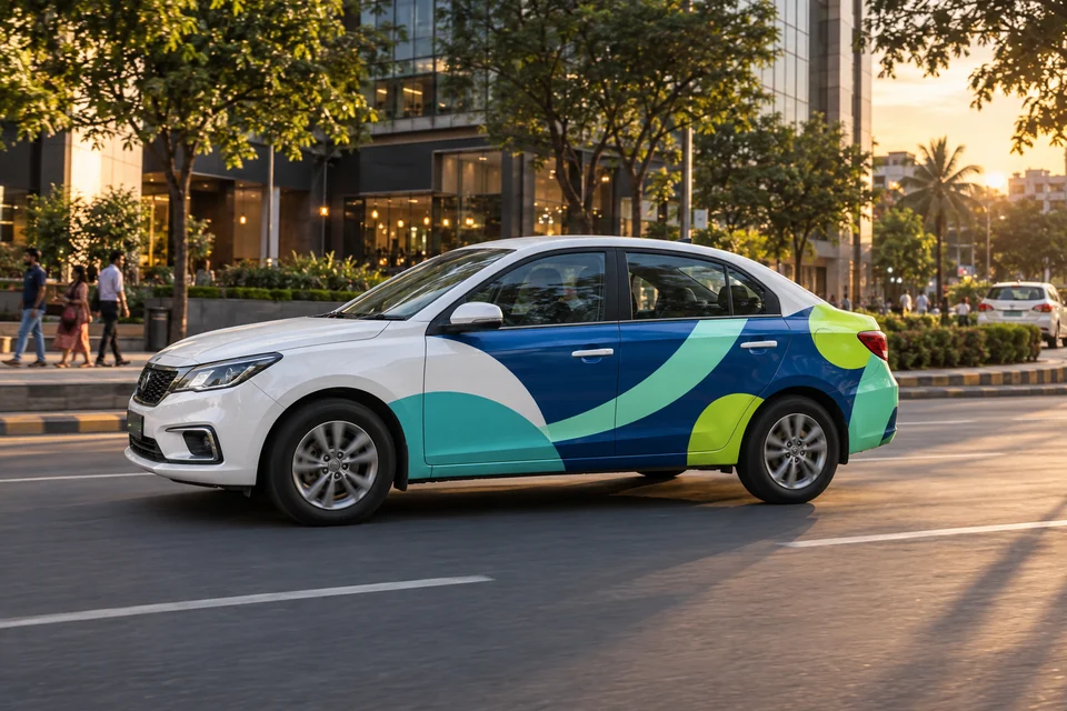 A white cab carrying a bold blue, mint and lime campaign wrap along a city street.