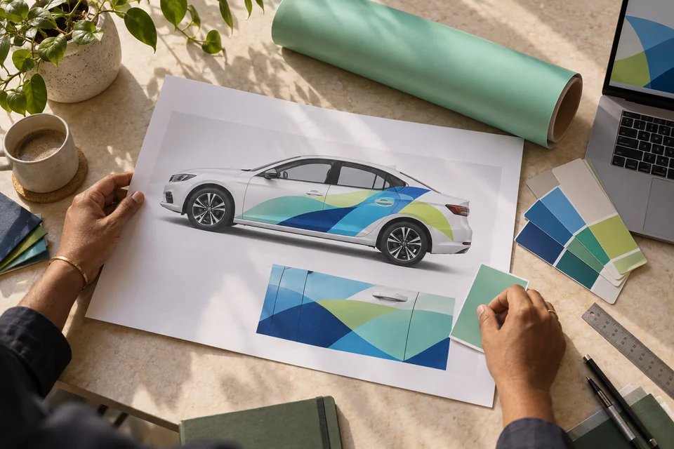 Cab-wrap design proofs, color swatches and vinyl material on a creative-production table.