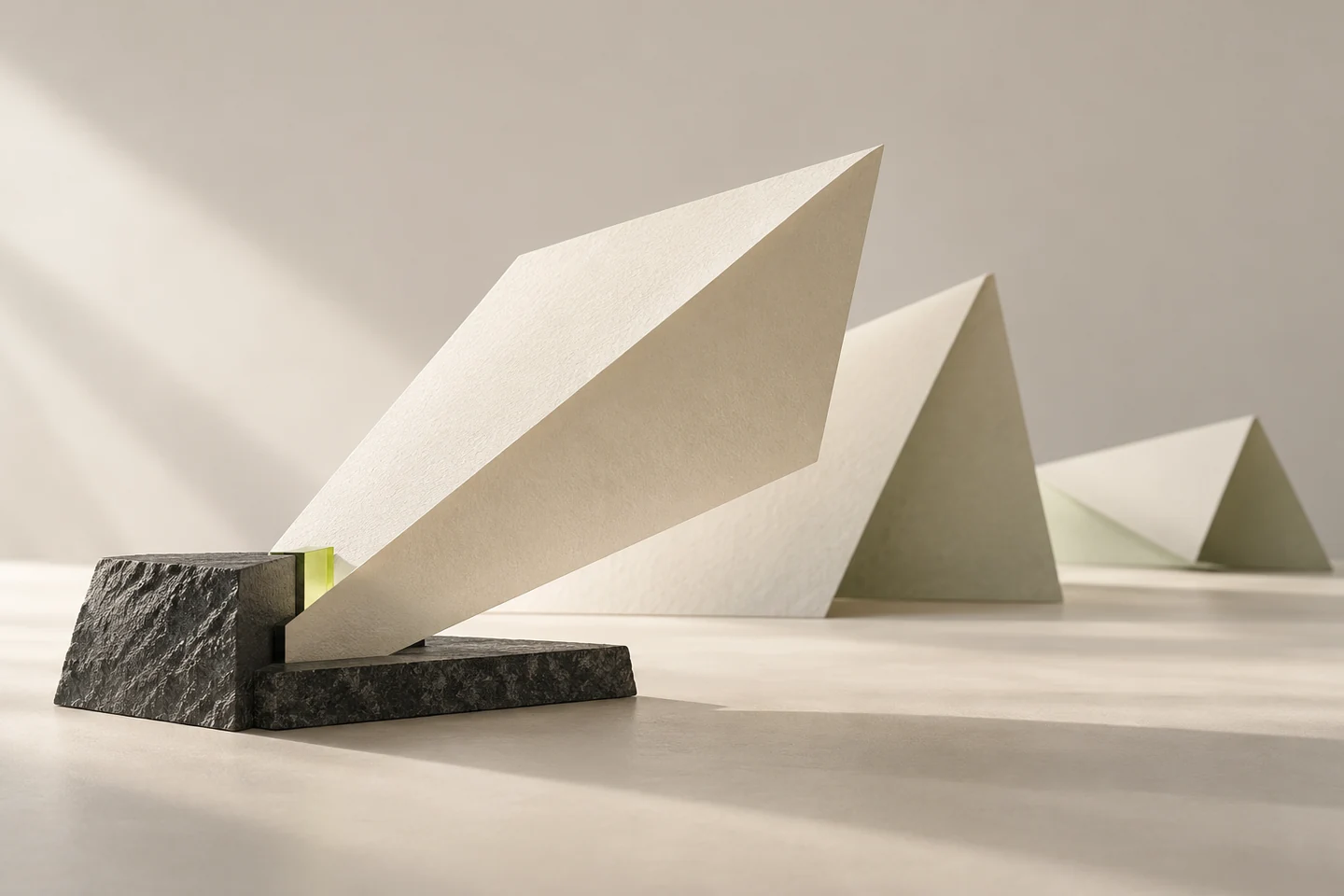 Editorial illustration: Conceptual still life of ivory paper planes arranged in a charcoal holder with a translucent lime insert.