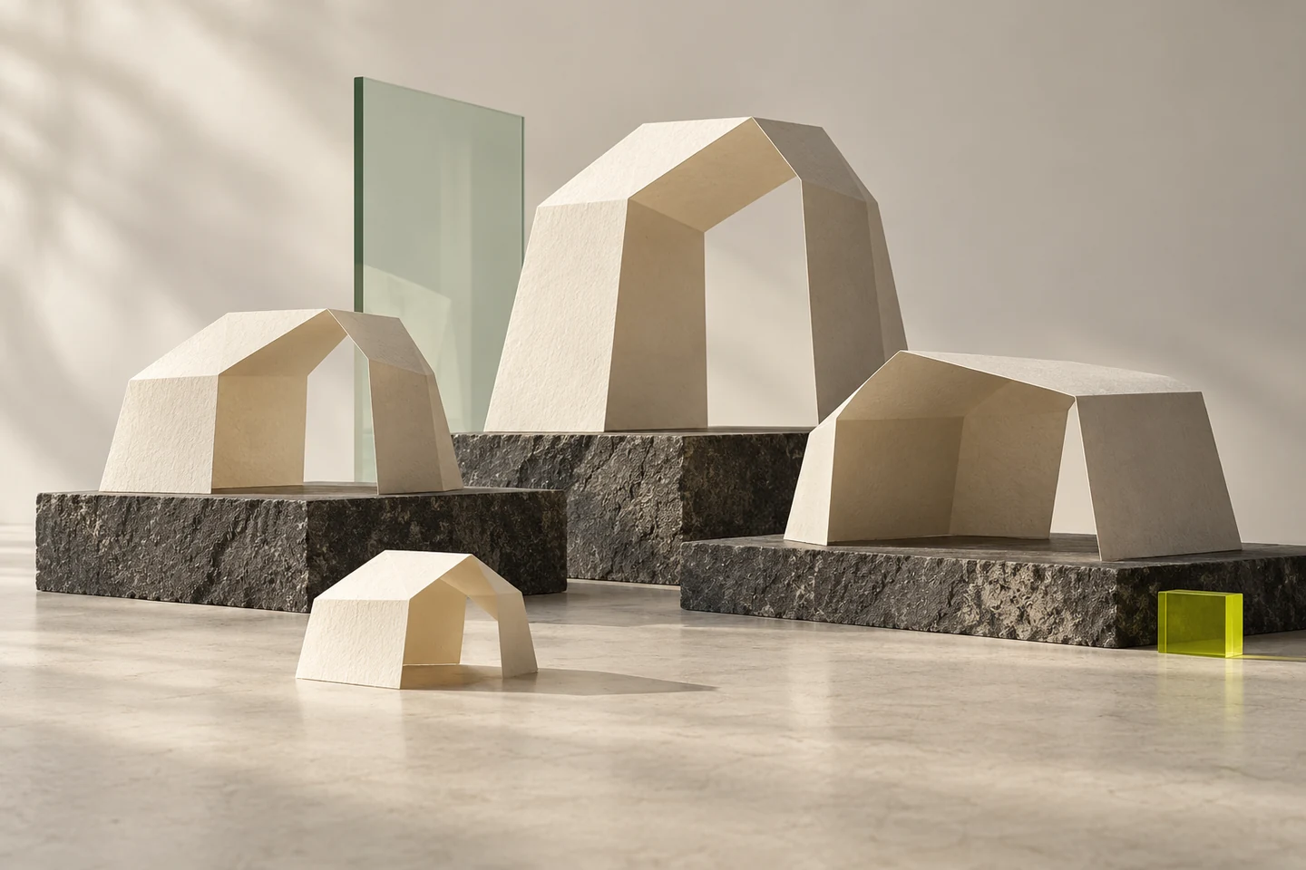 Editorial illustration: Conceptual still life of differently sized folded-paper arches resting on stone plinths.