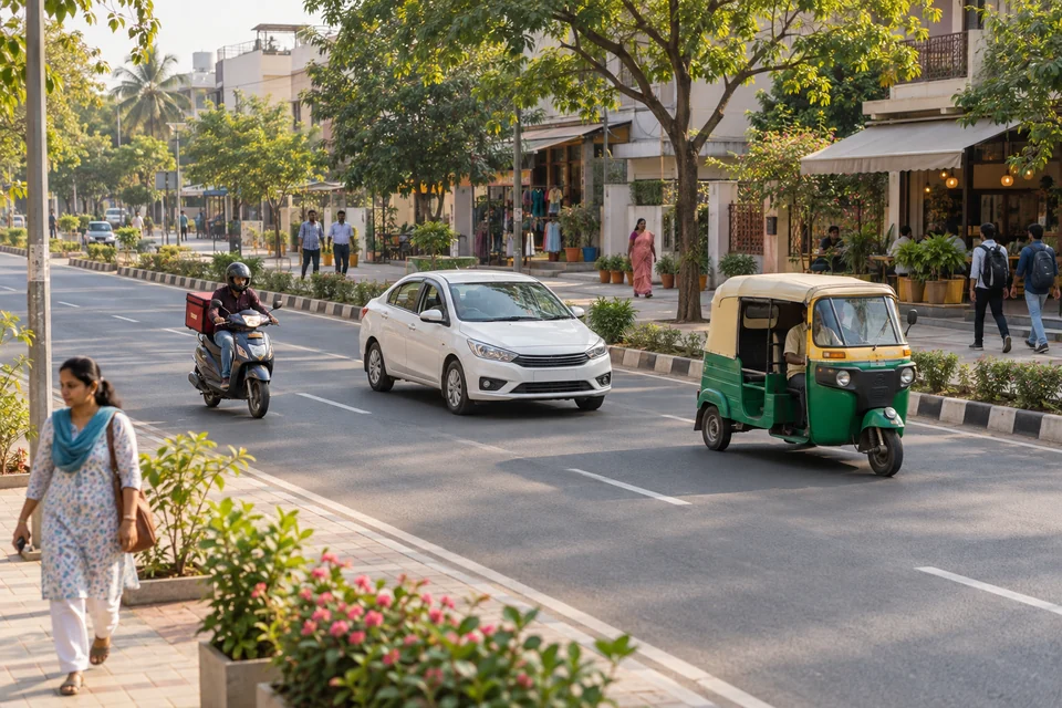 A passenger car, autorickshaw and helmeted scooter rider sharing an orderly neighbourhood street.