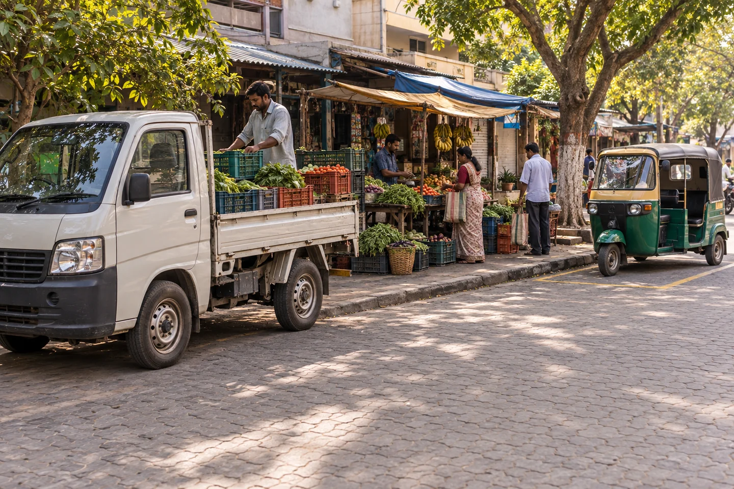 Editorial illustration: A compact goods vehicle and passenger auto-rickshaw serving a neighbourhood market.