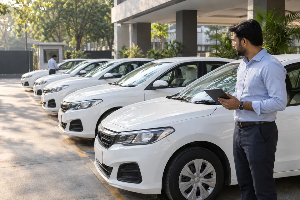 A mobility operations coordinator with a tablet beside a line of white cabs.