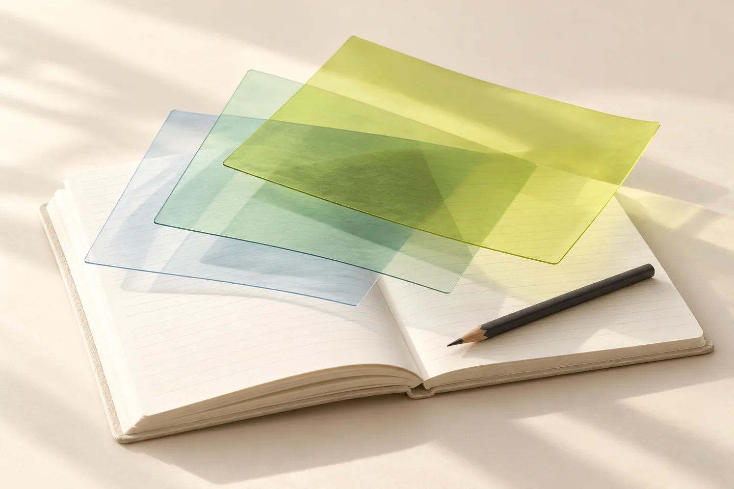 Editorial illustration: Conceptual still life of translucent sage and lime sheets above an unmarked notebook and pencil.
