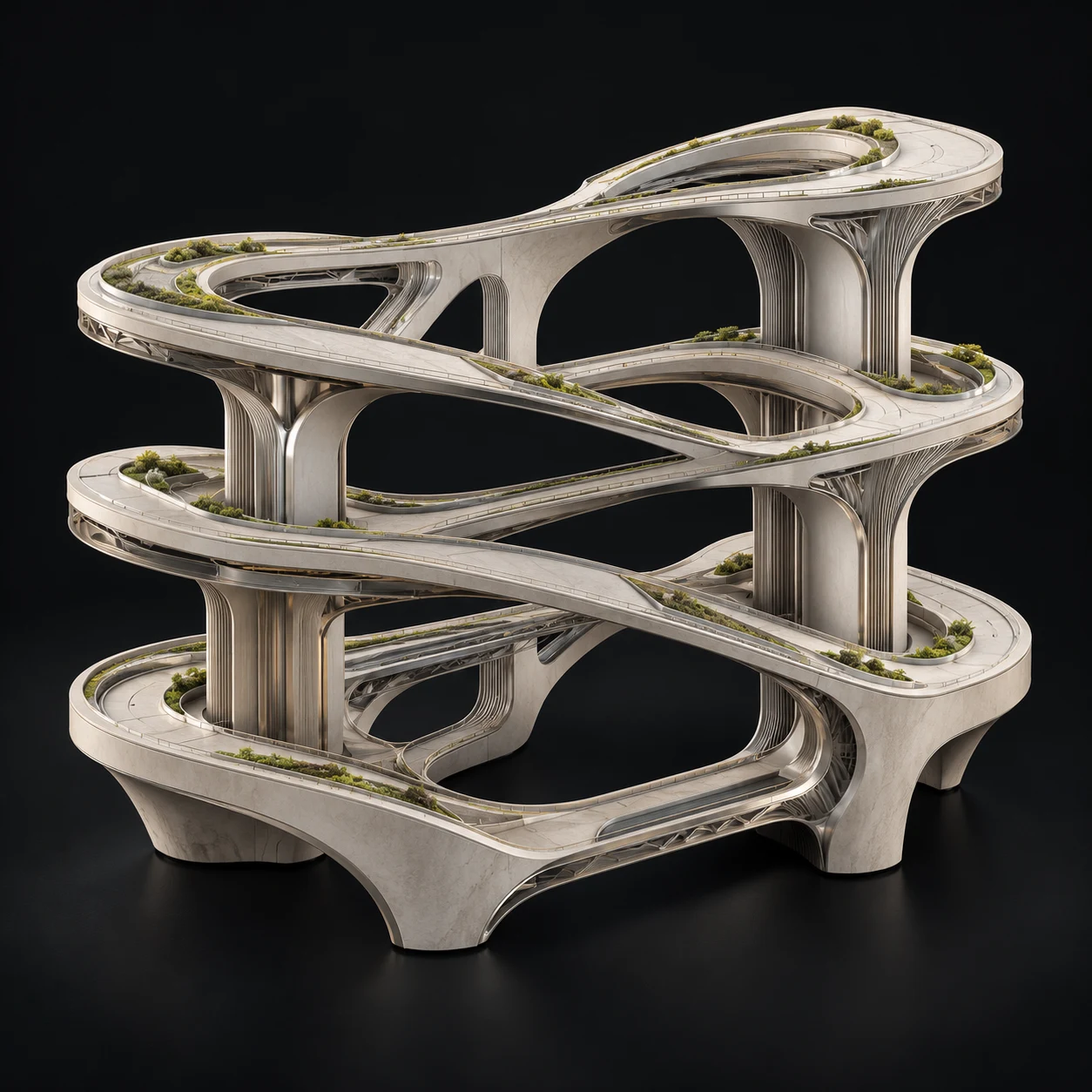 Architectural study of layered pathways joined by shared foundations.
