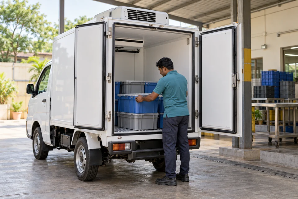 A worker checking covered crates at the open rear of a parked refrigerated light commercial vehicle.