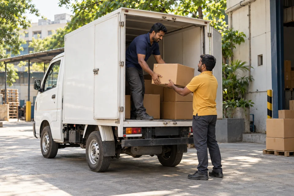 Two workers loading a sealed carton into a parked white light commercial vehicle at an urban delivery hub.